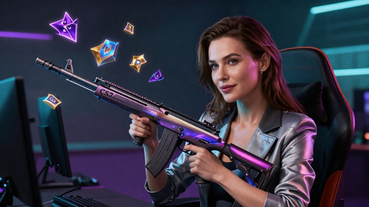 Атлетичная женщина-геймер с редкими скинами из новых коллекций CS2 2026 года, премиальный игровой сетап с неоновым освещением