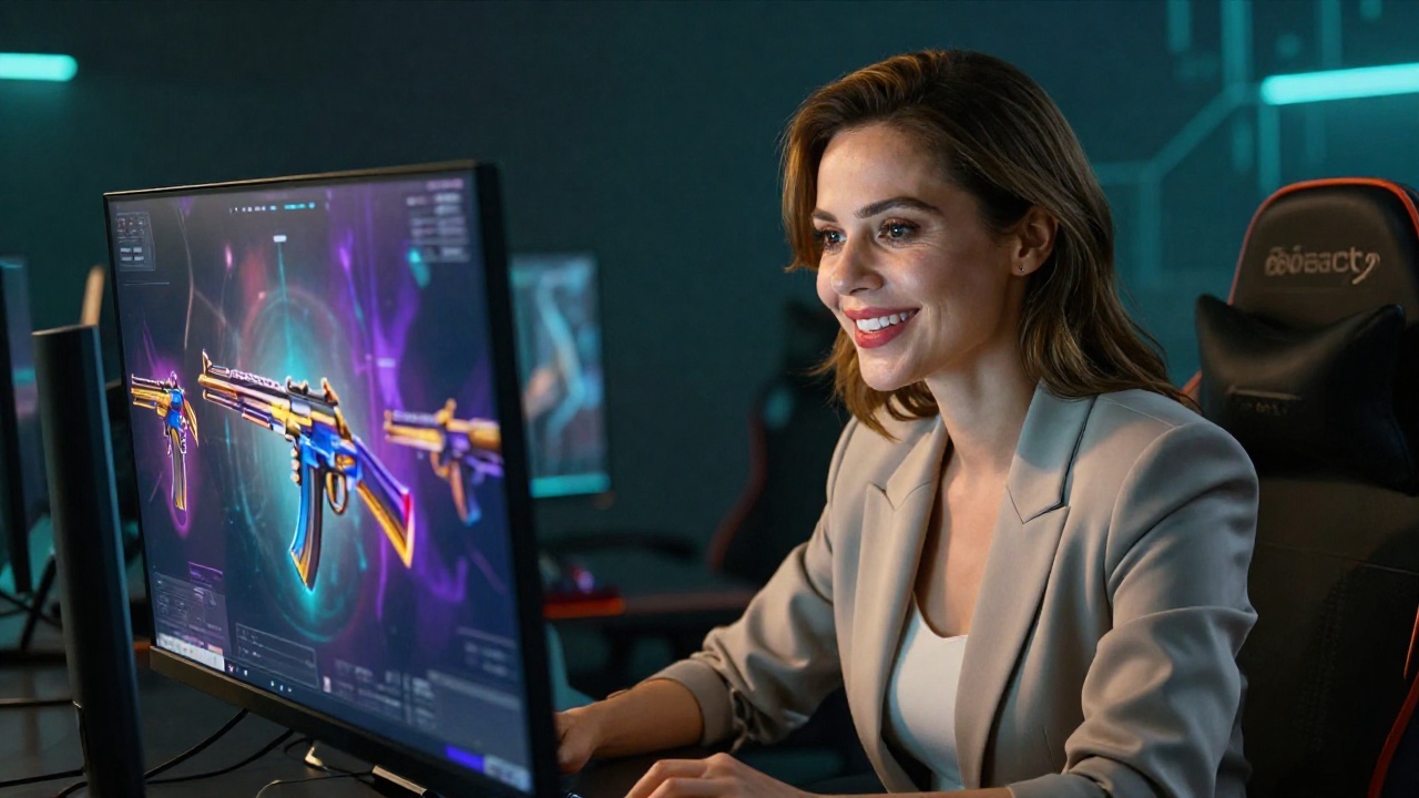 Уверенная женщина за игровым компьютером рассматривает новые коллекции скинов CS2 с эффектным неоновым освещением