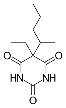 Пентобарбітал Нембутал, етамінал-натрій   ІЮПАК   5-ethyl-5- (1-methylbutyl) - 2,4,6 (1 H, 3 H, 5 H) - pyrimidinetrione   Брутто-формула   C11H18N2O3   молярна маса   226
